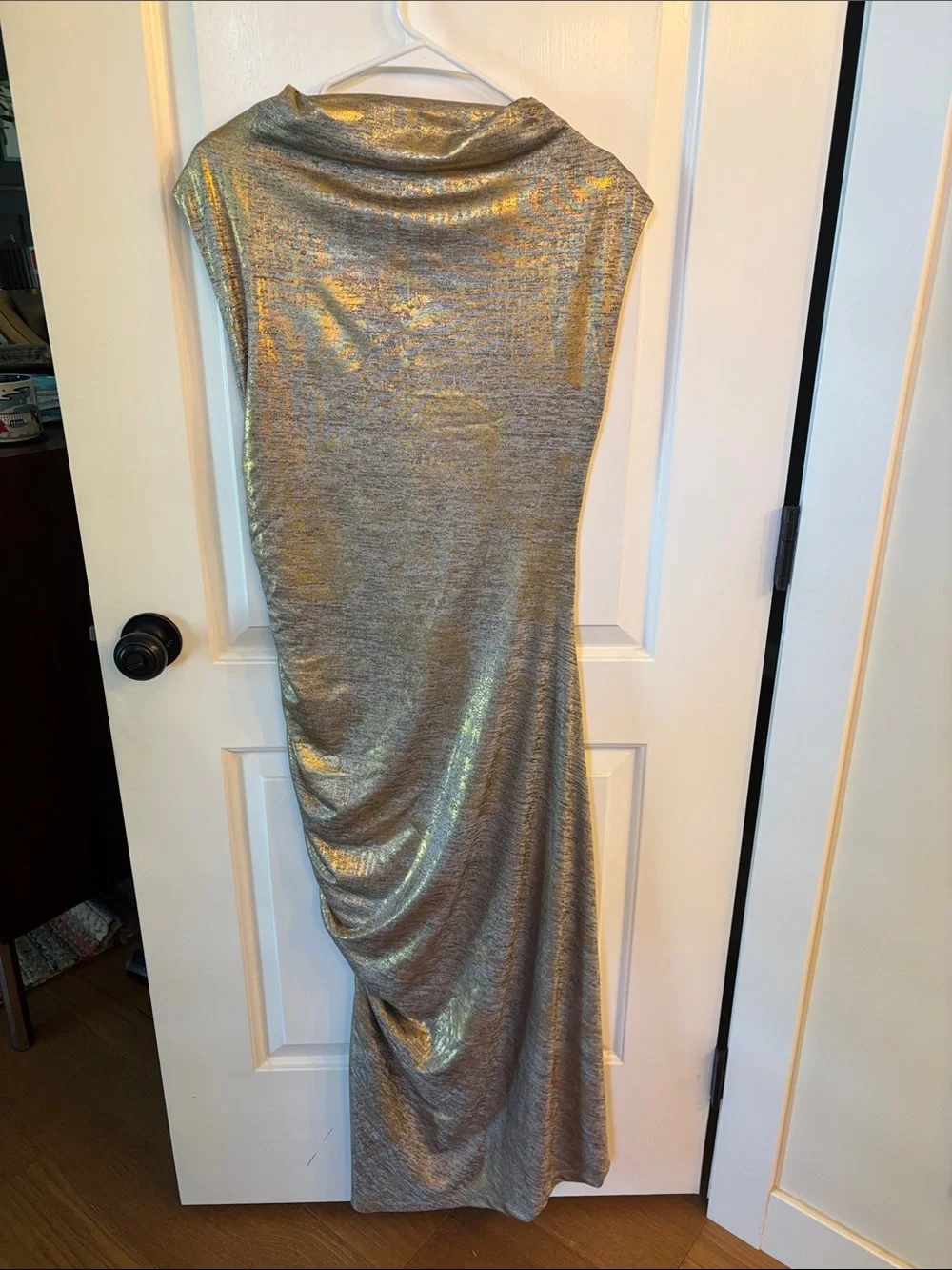Anthropologie Metallic Gold Ruched Maxi Dress